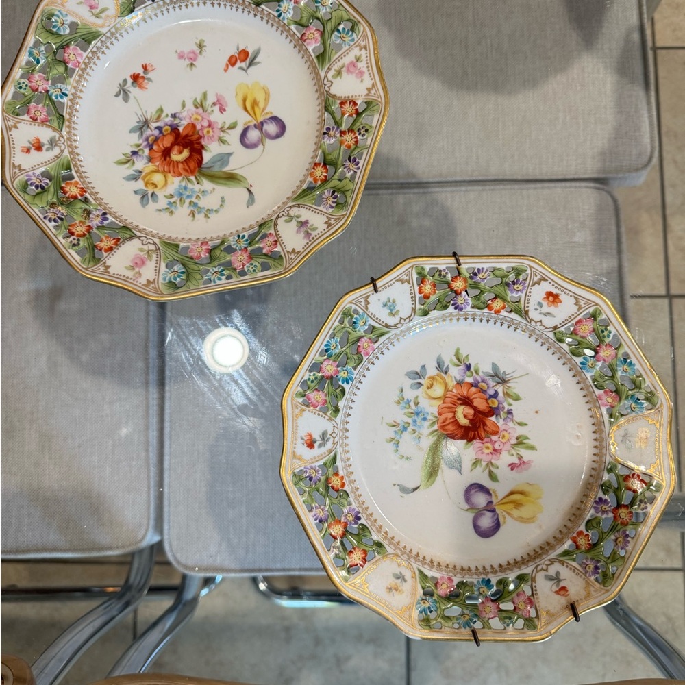 Pair‎ Bavaria “Meissen Flowers” Cabinet Plates – Reticulated Rim, 8¾"
